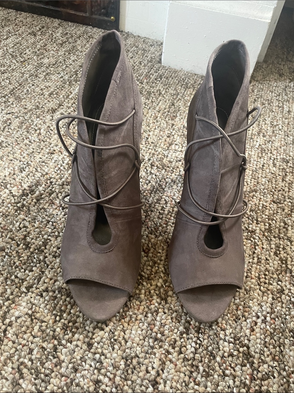 BCBGeneration Taupe Suede Lace-Up Peep-Toe Booties